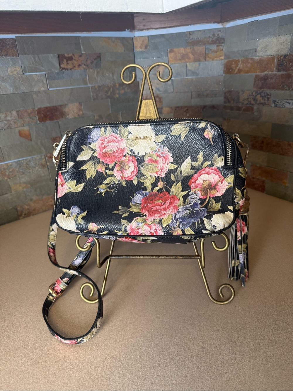ALDO Black Floral Bag Crossbody Purse Graphic Print